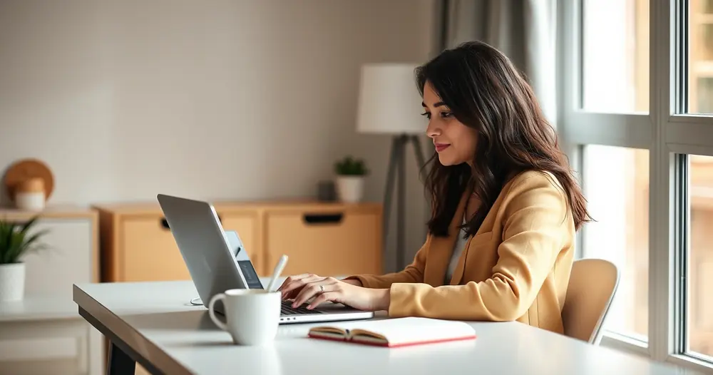 mulher se candidatando a várias vagas de emprego ao mesmo tempo pelo notebook em casa